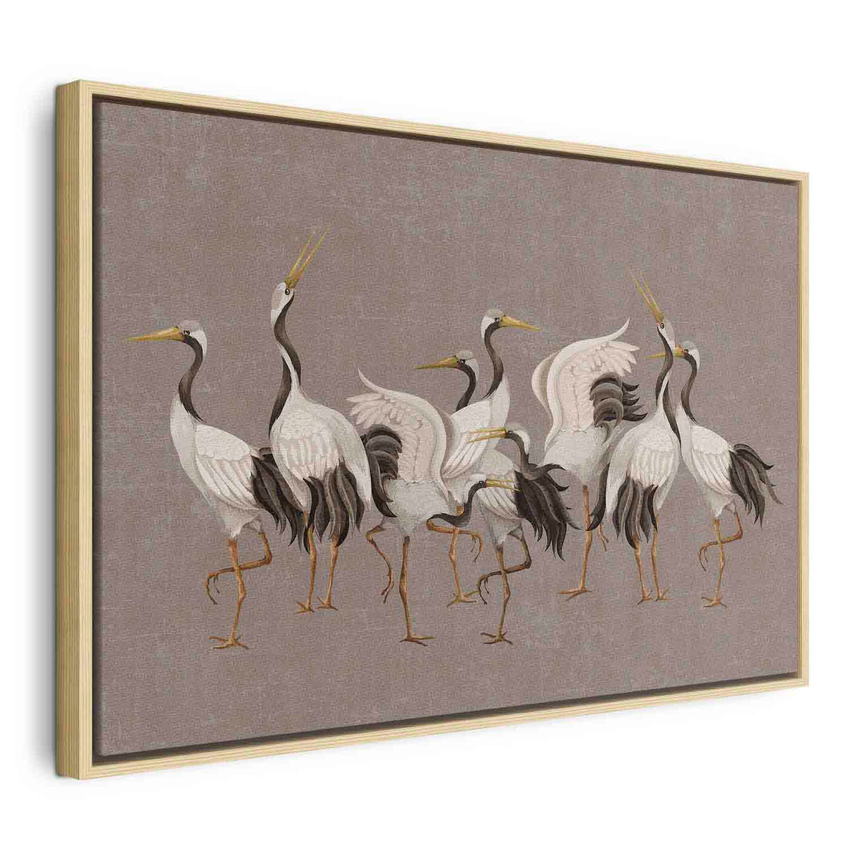 Leinwandbild - Crane dance – bright silhouettes of birds against a warm grey background with texture