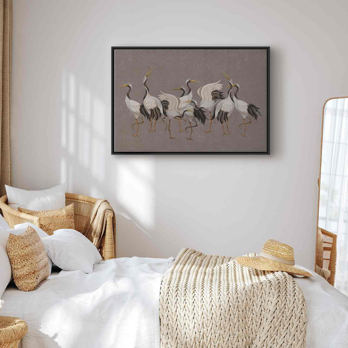 Leinwandbild - Crane dance – bright silhouettes of birds against a warm grey background with texture