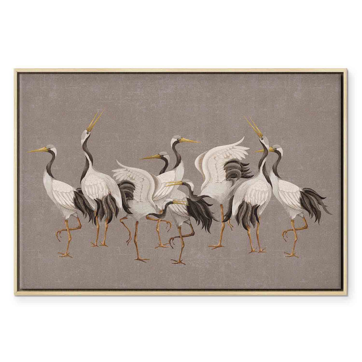 Leinwandbild - Crane dance – bright silhouettes of birds against a warm grey background with texture