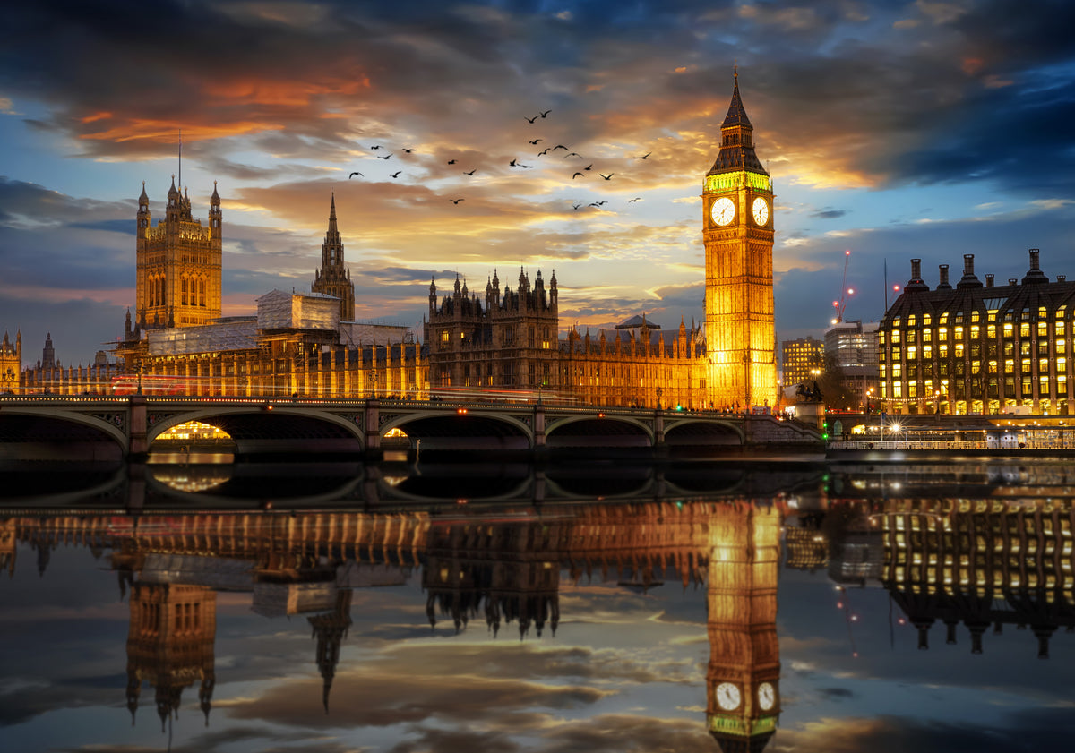 Fototapete London bei Nacht – Beleuchtete Skyline mit Big Ben