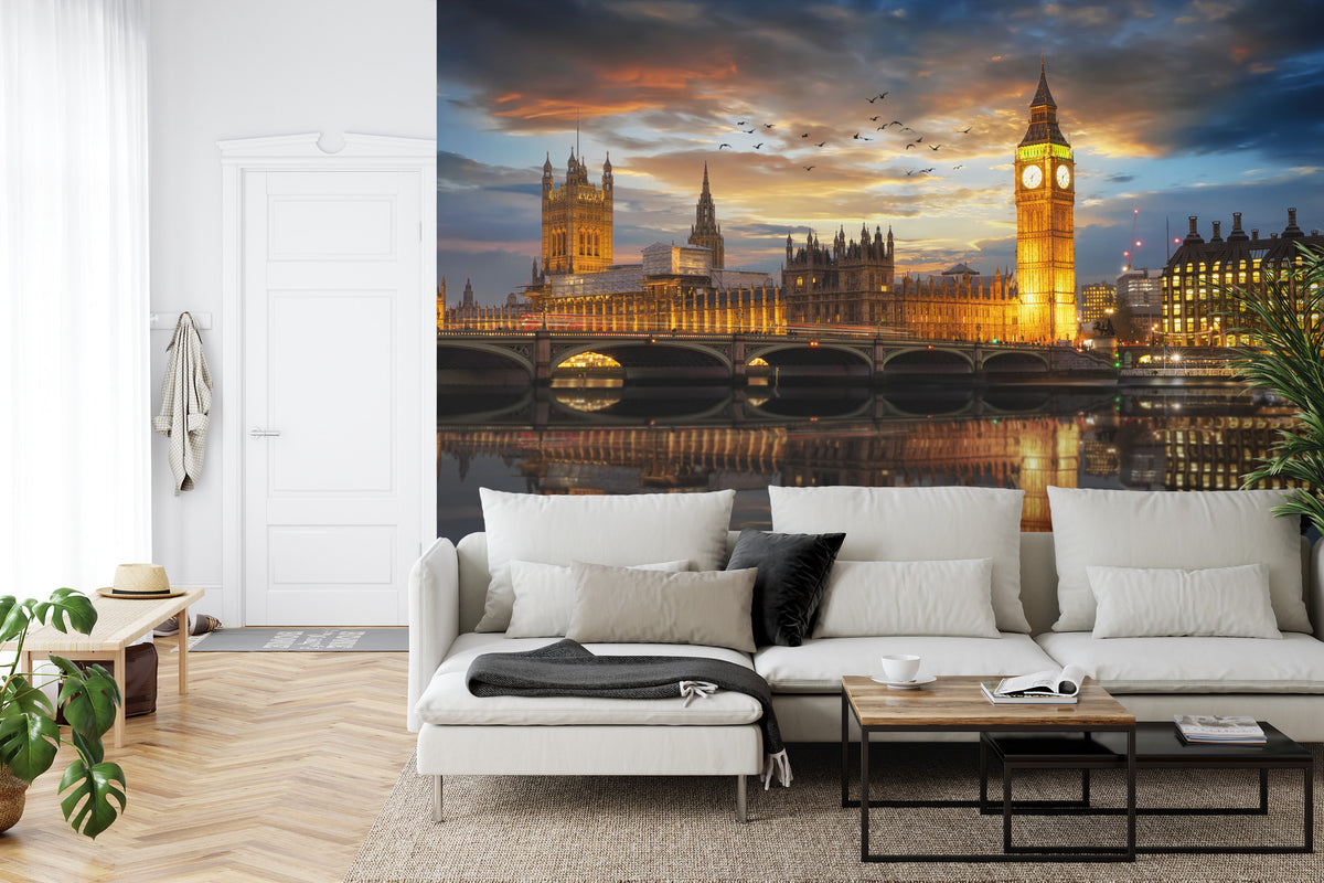 Fototapete London bei Nacht – Beleuchtete Skyline mit Big Ben