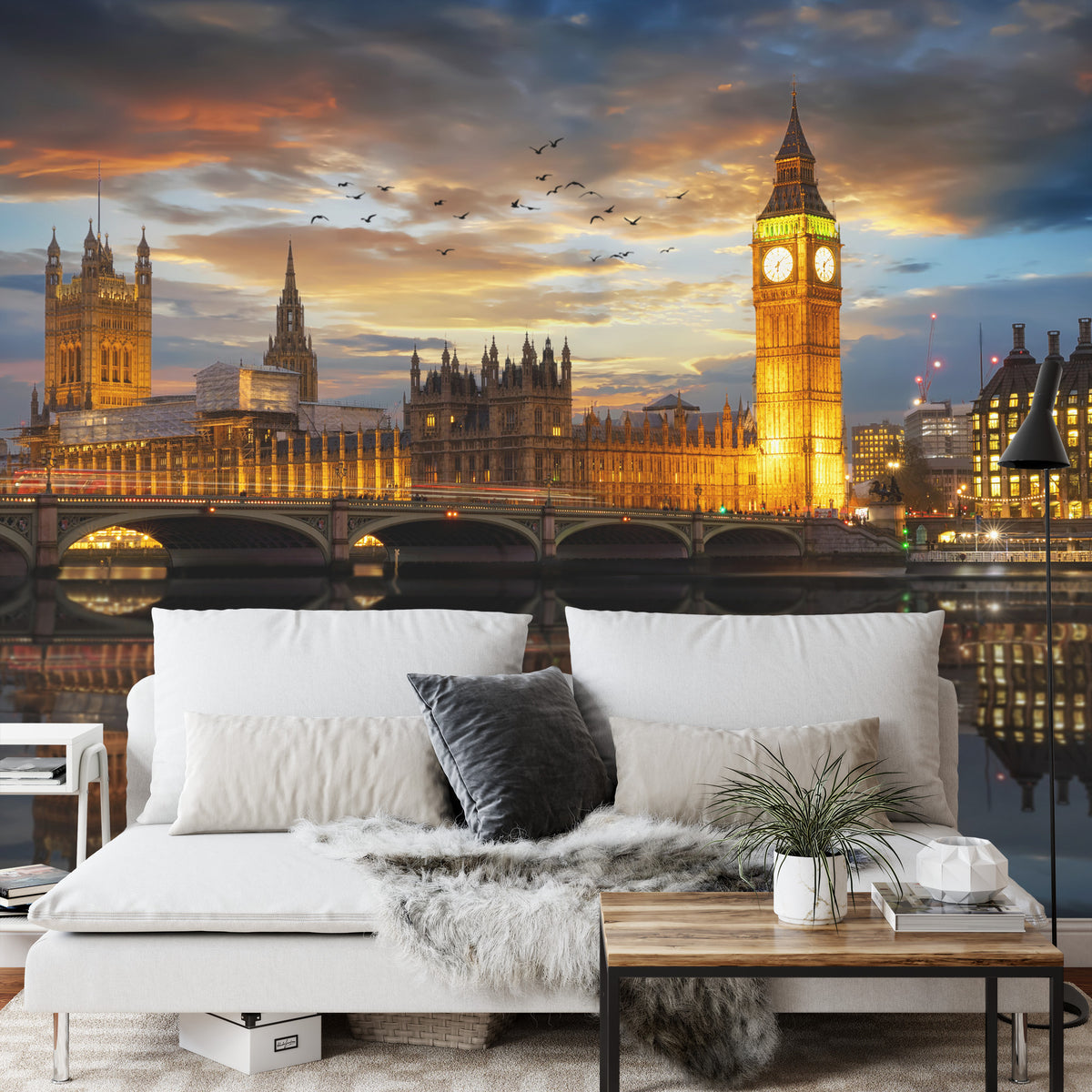 Fototapete London bei Nacht – Beleuchtete Skyline mit Big Ben