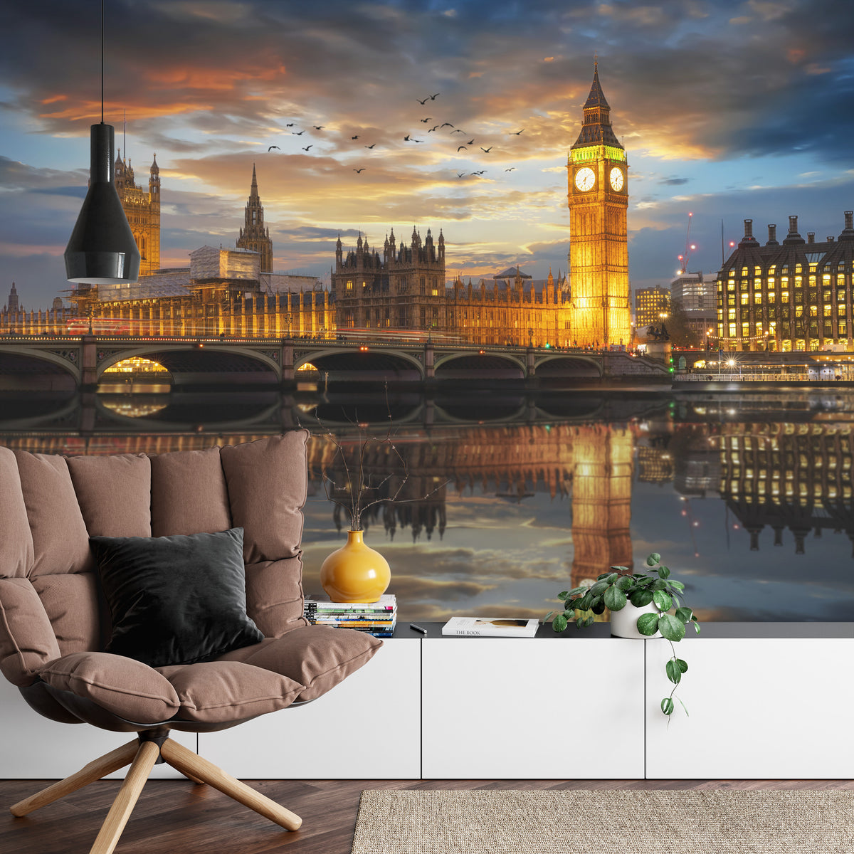 Fototapete London bei Nacht – Beleuchtete Skyline mit Big Ben