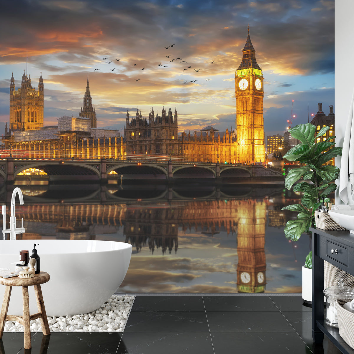 Fototapete London bei Nacht – Beleuchtete Skyline mit Big Ben