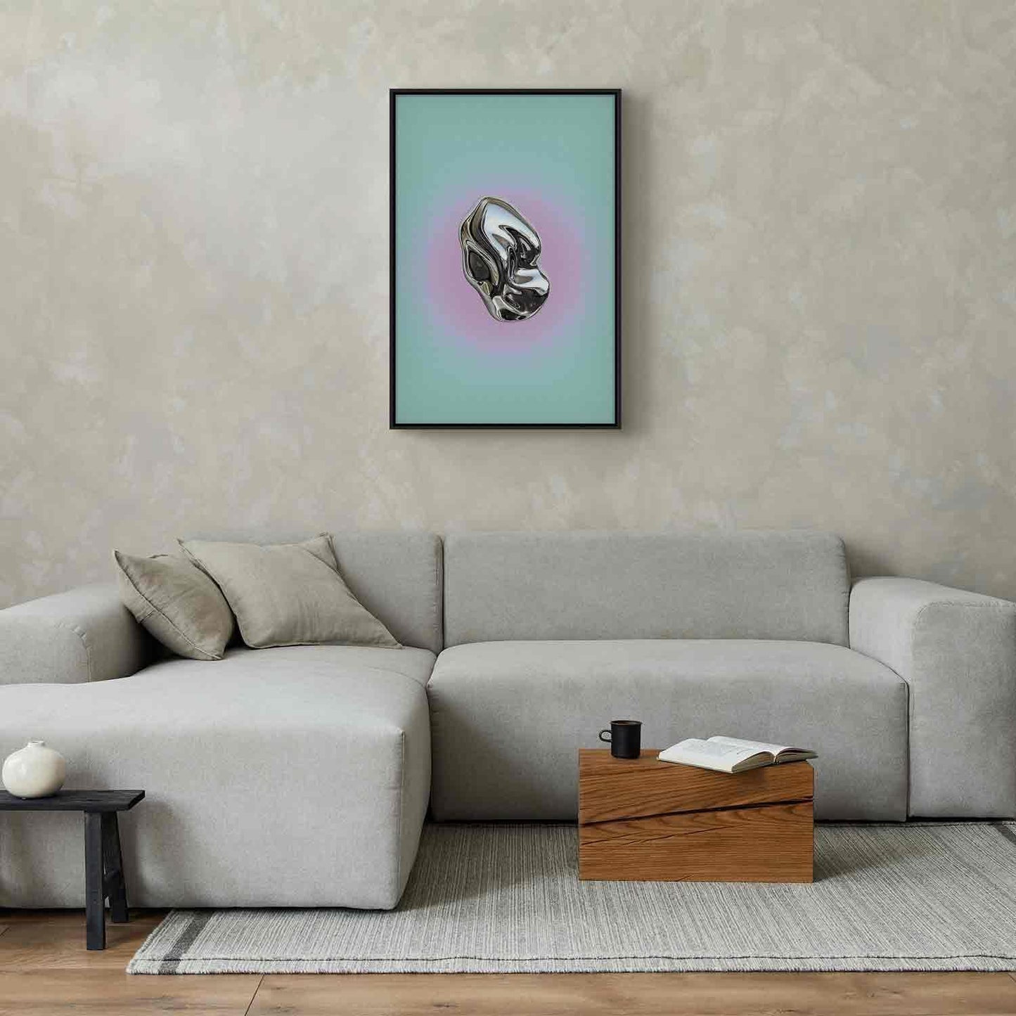 Leinwandbild - Metallic Form - Abstract Sculpture on a Mint Background with a Purple Halo Artgeist