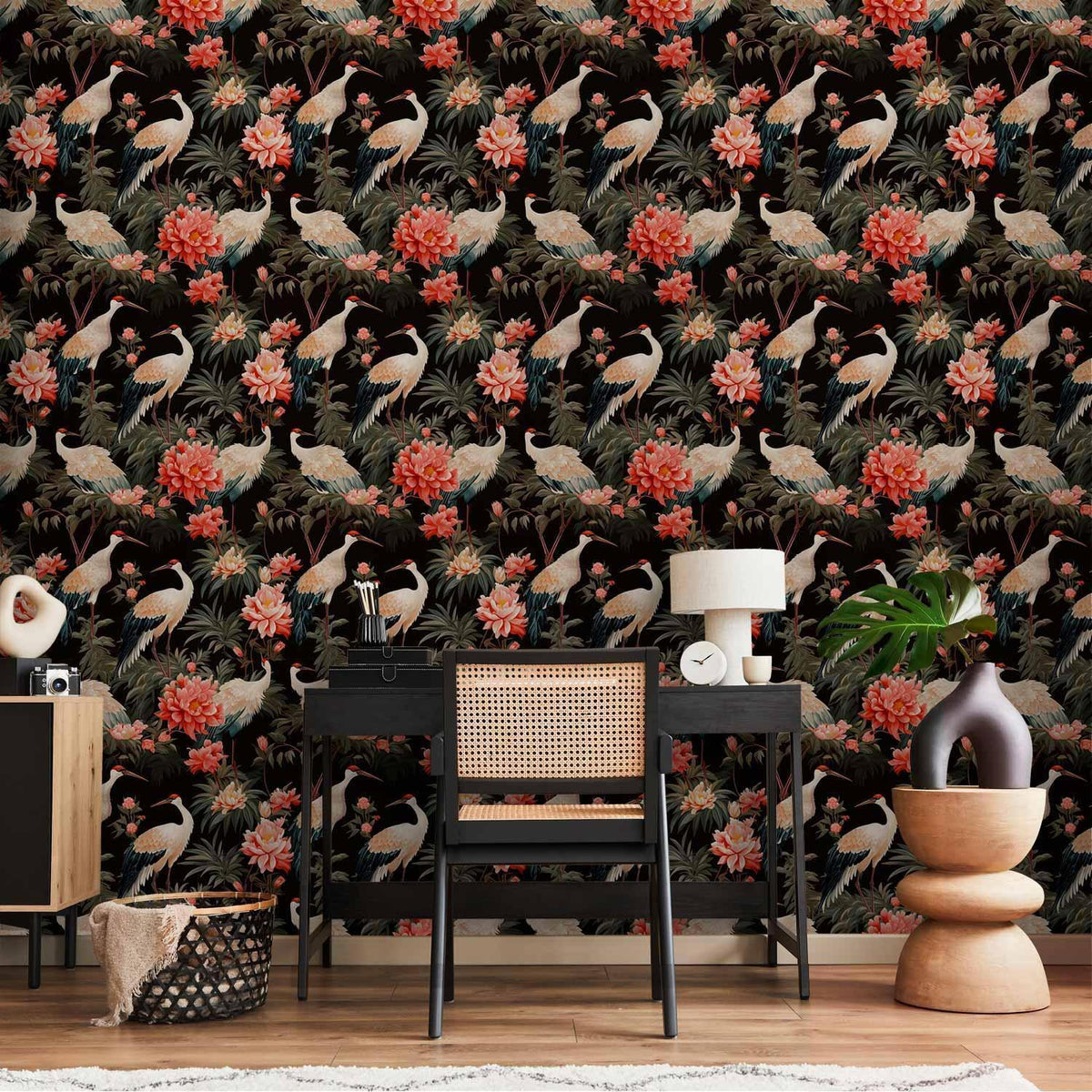 Tapete - Ornament with birds - silhouettes of cranes and peony flowers on a dark background