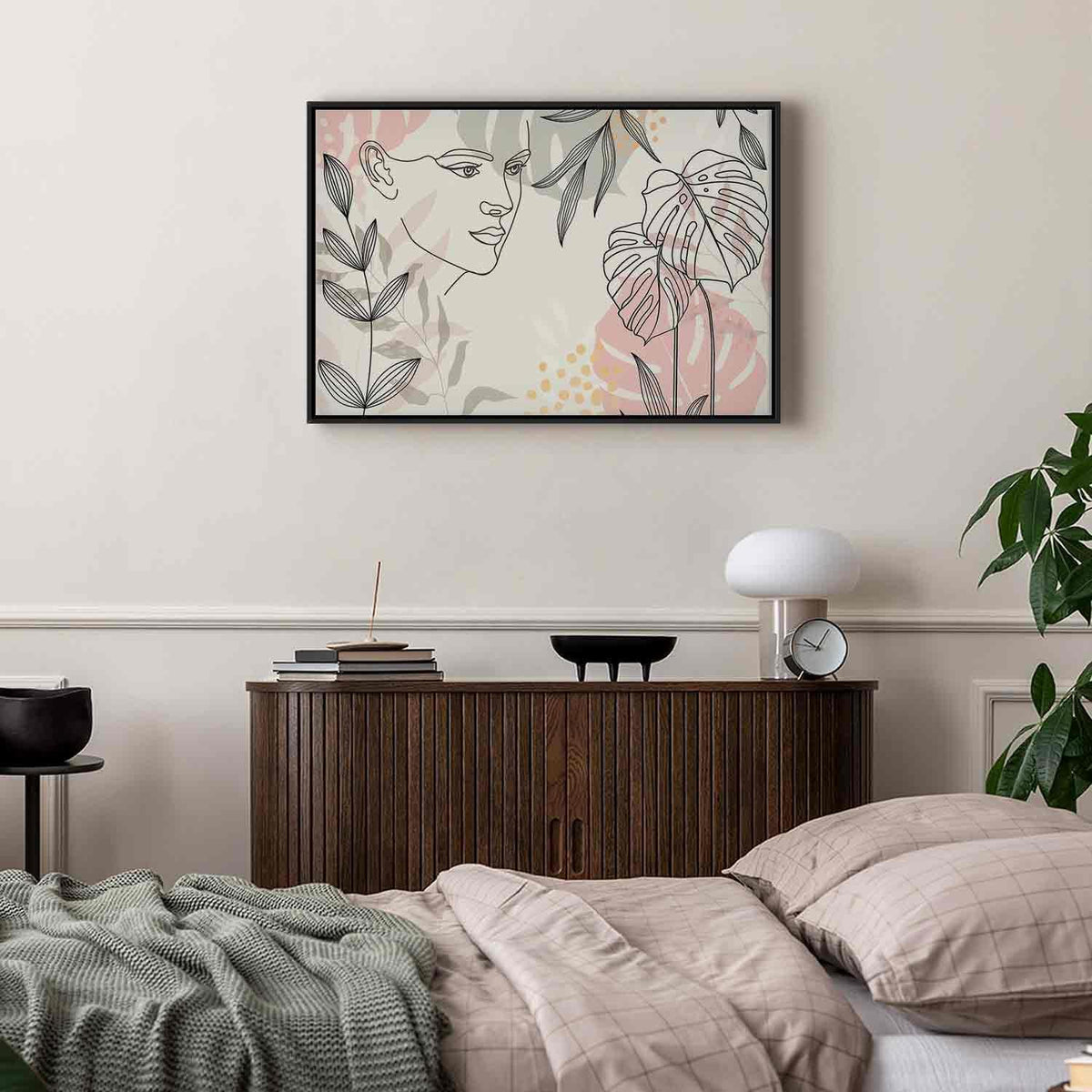Leinwandbild Frau mit Monstera Blättern – Moderne Line Art