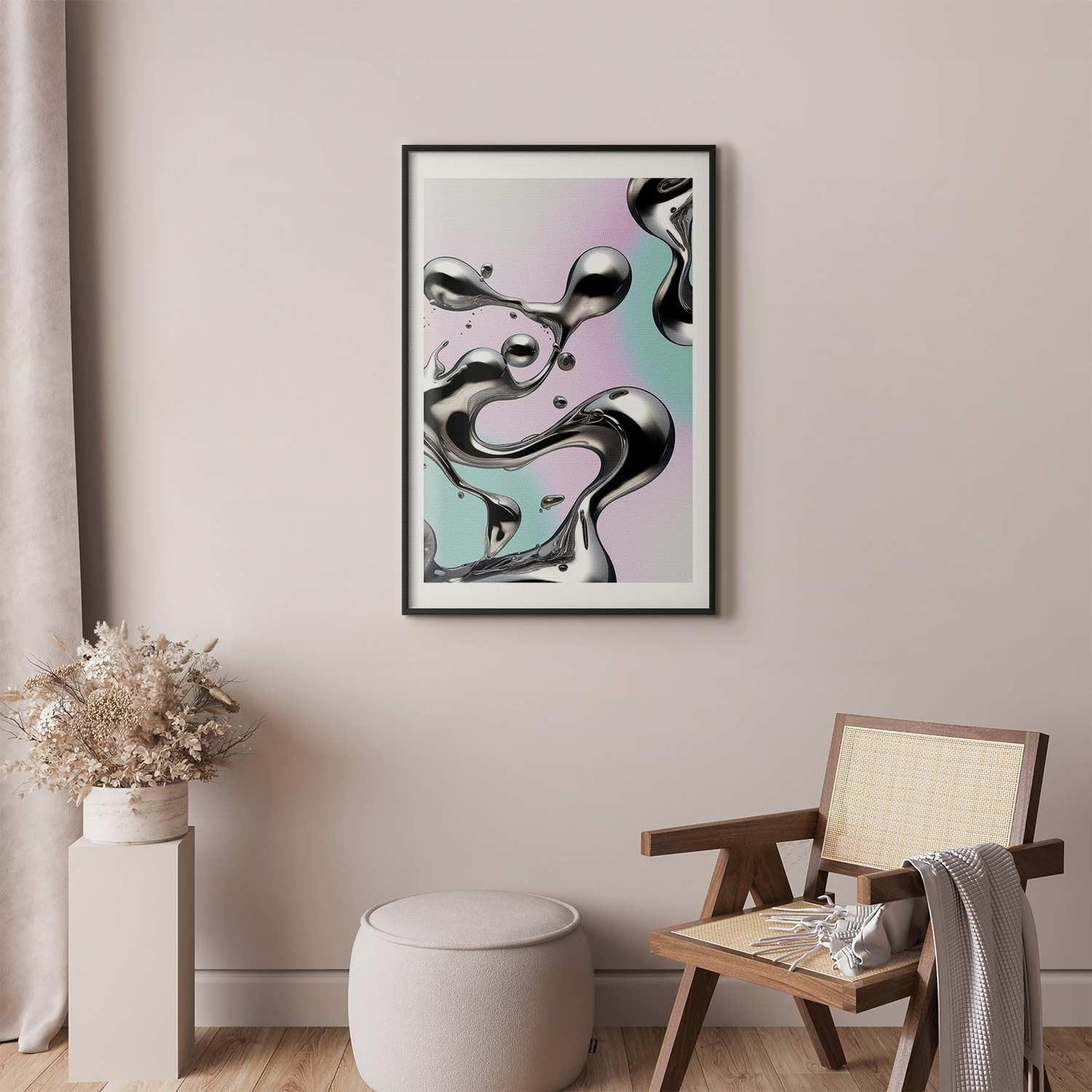 Poster - Metallic Fluidity - abstract silver forms on a mint-purple background