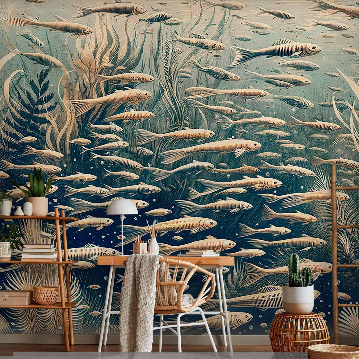 Fototapete Meeresbiologie – Fischschwarm im Vintage-Kupferstich-Stil