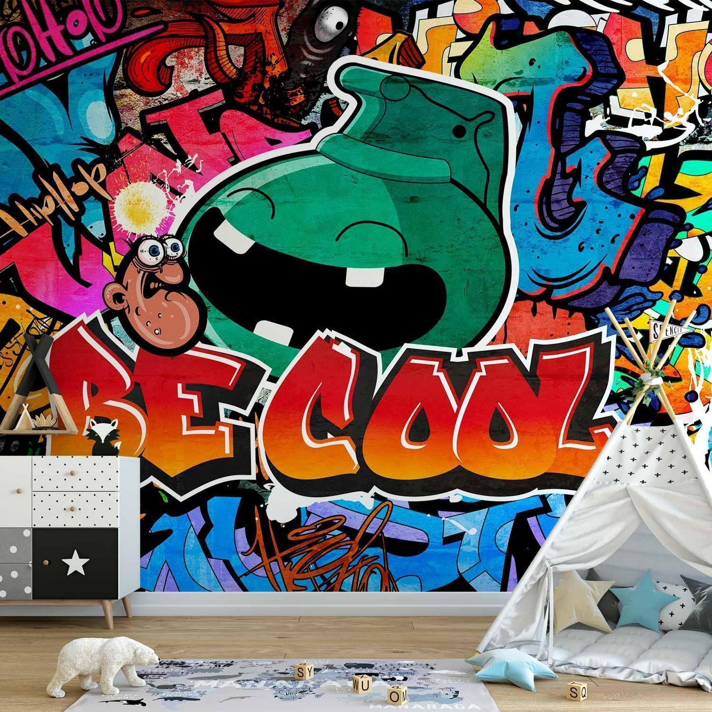 Fototapete Be Cool - Urbane Street Art mit bunten Graffiti-Elementen