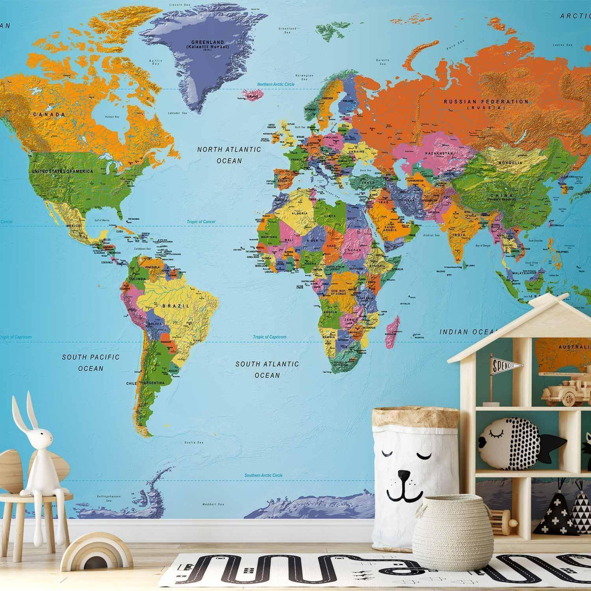 Fototapete Weltkarte Bunt - Moderne Geografie mit Kontinenten und Ozeanen