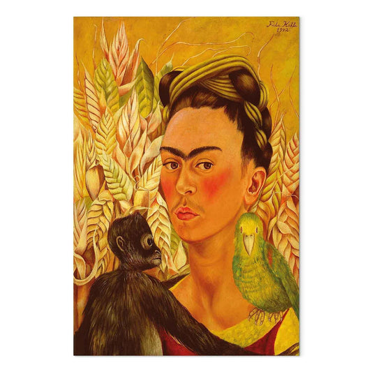 Leinwandbild - Frida Kahlo – Self-Portrait with Monkey and Parrot