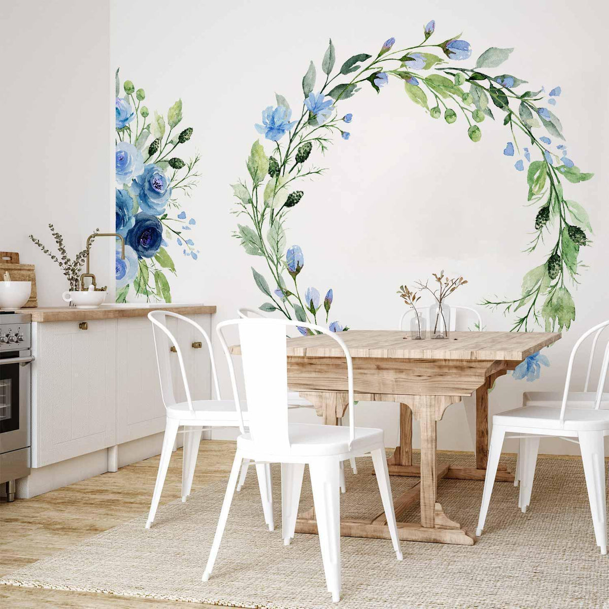 Fototapete - Romantic wreath - plant motif with blue flowers and leaves
