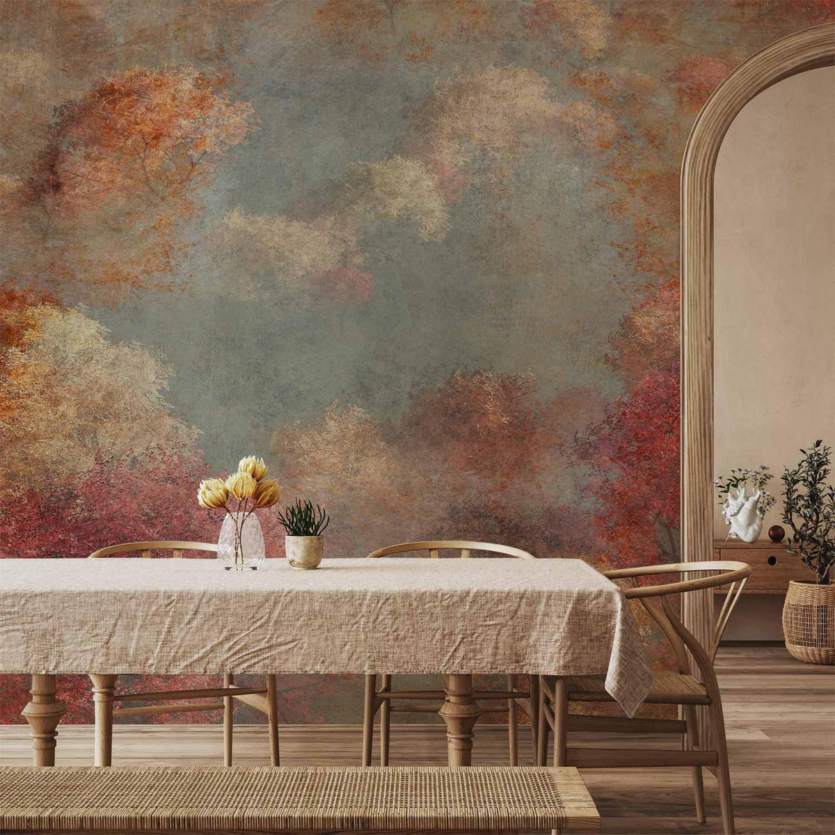 Fototapete - Nature in autumn - landscape of autumn trees in painted retro style