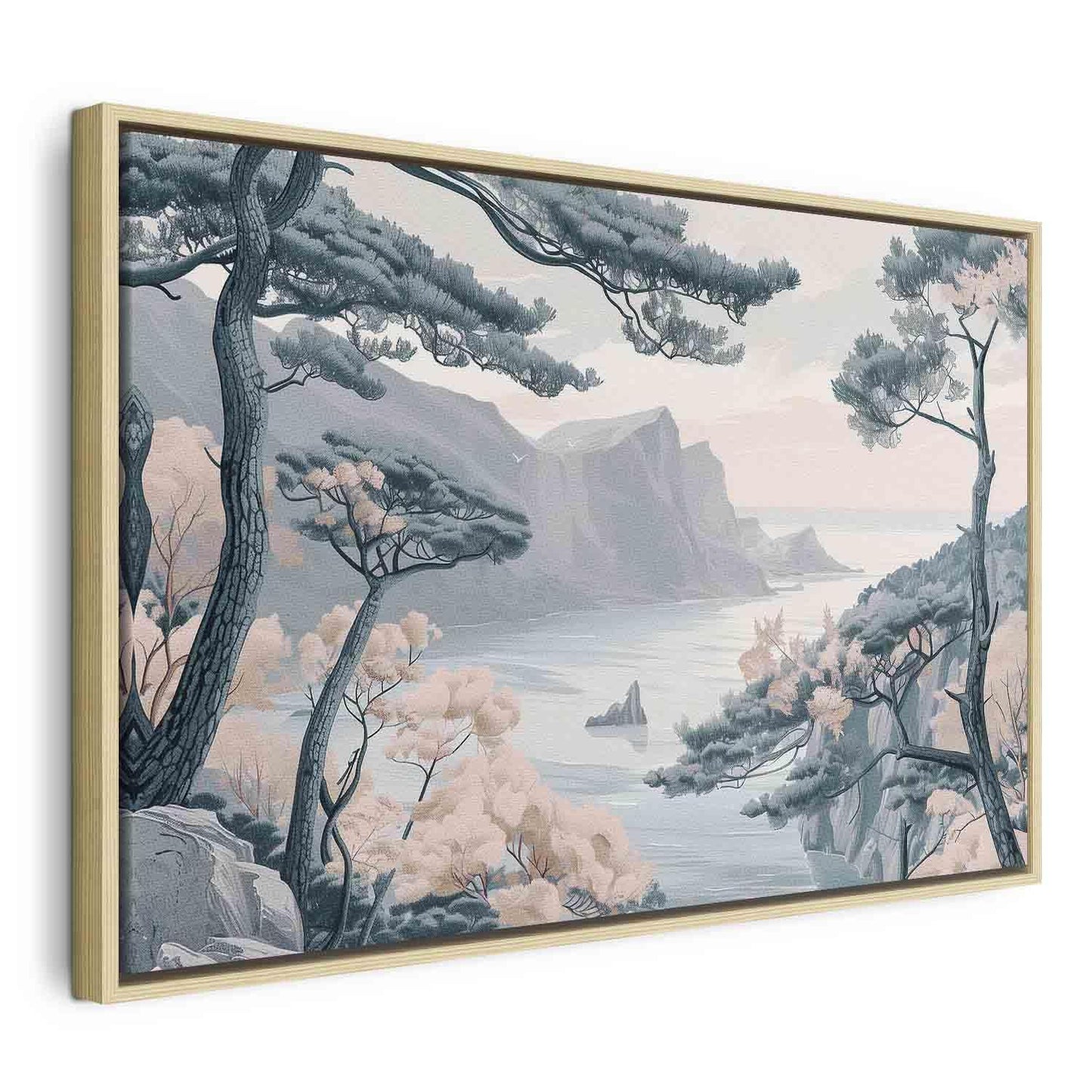 Leinwandbild - Mountainous Coast with Trees and Rocks in Light Pastel Blues Artgeist