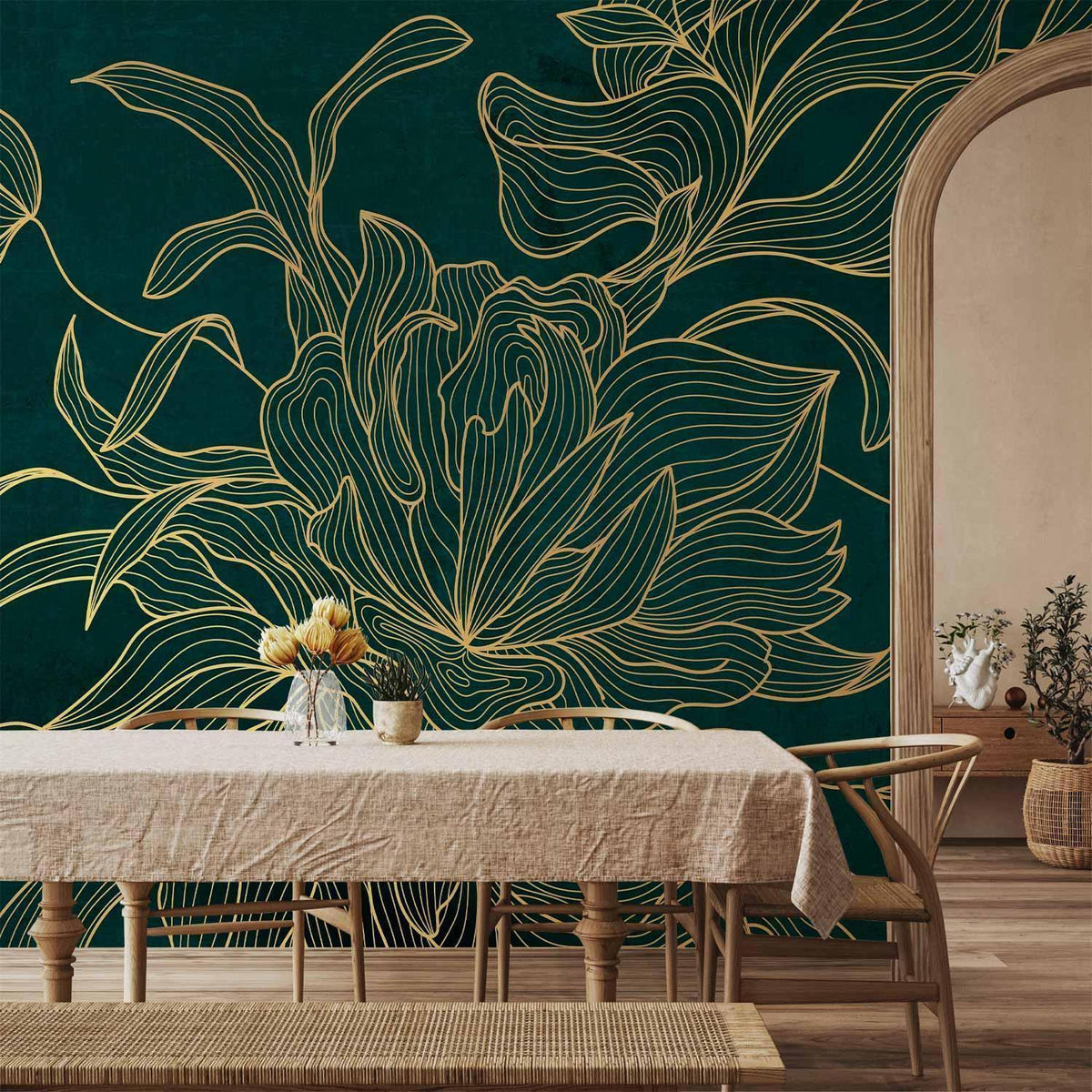 Fototapete Goldene Blüte – Linienzeichnung auf Smaragdgrün