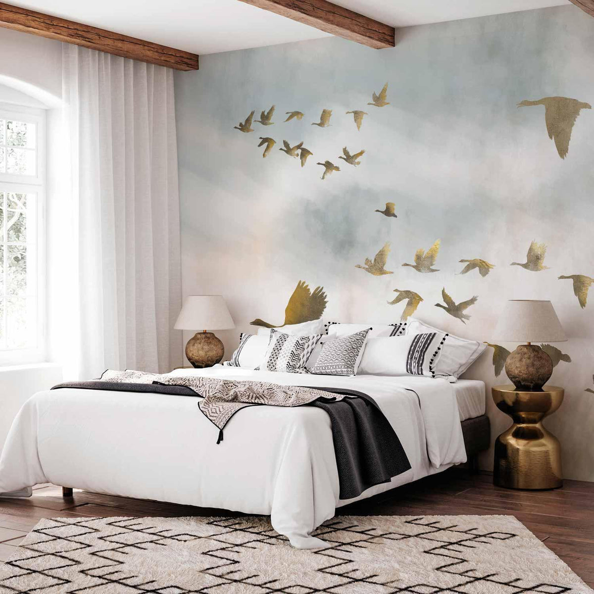 Fototapete Goldene Gänse - Elegante Illustration auf Beige