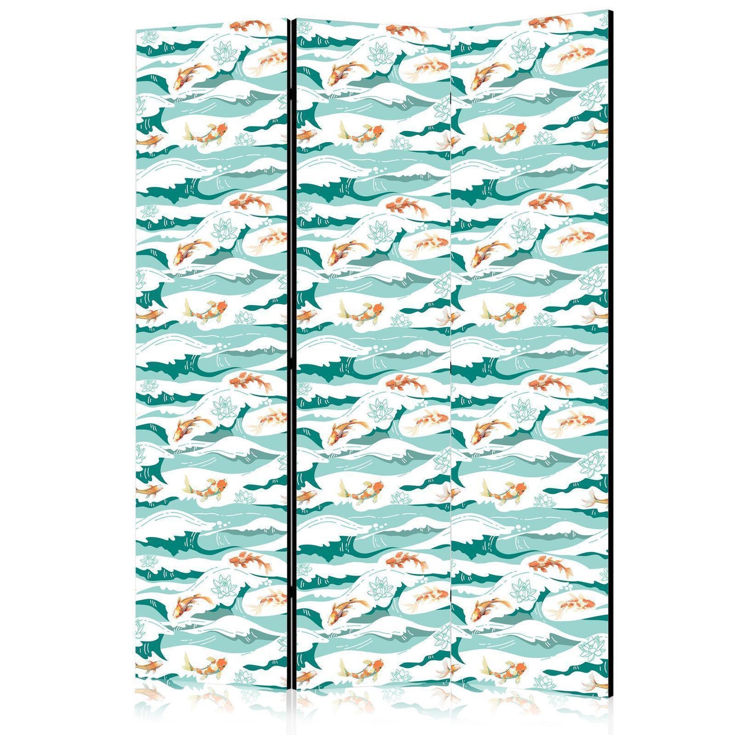 Paravent - Fish Leaping Above the Waves - Oriental Fish and Water Lilies Among High Waves in Sea Green Colors Artgeist