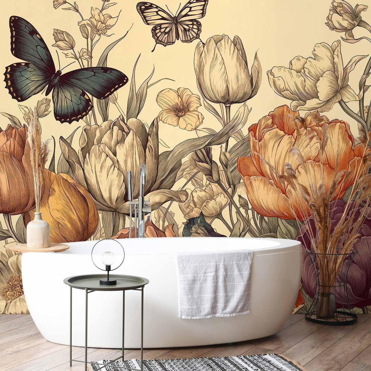 Fototapete Tulpen & Schmetterlinge – Botanische Vintage-Illustration auf Creme