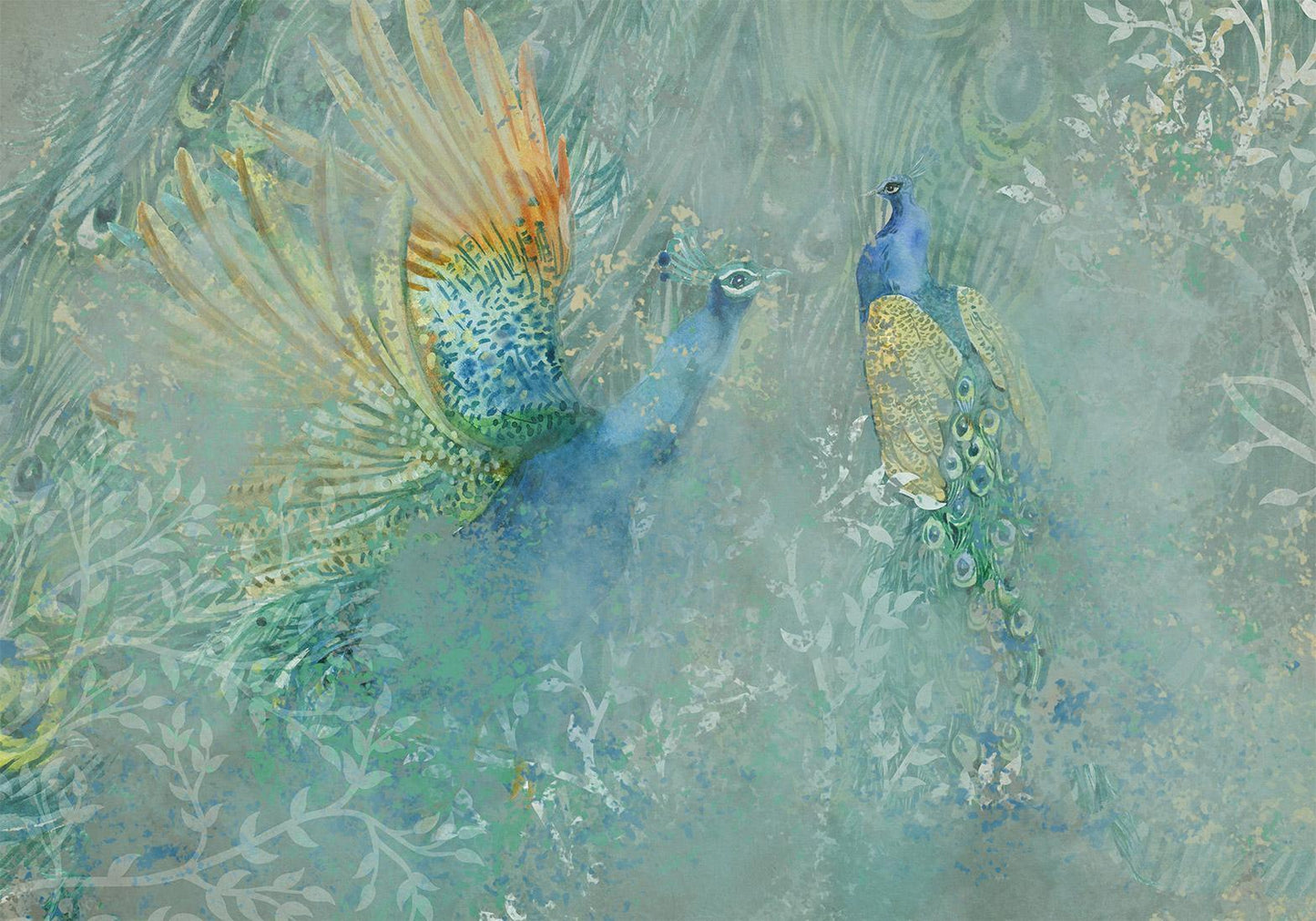 Fototapete „Peacocks Dancing“ – Majestätische Pfauen im eleganten Tanz Artgeist