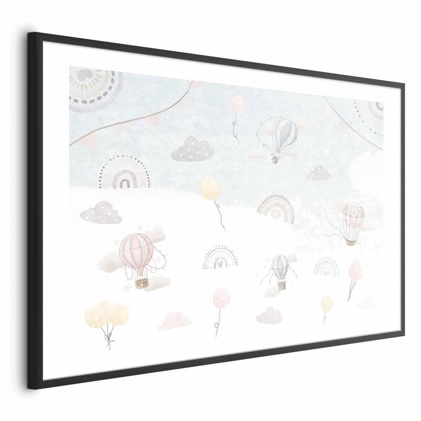 Hot air balloons floating among clouds on the "Adventure Among the Clouds" poster.