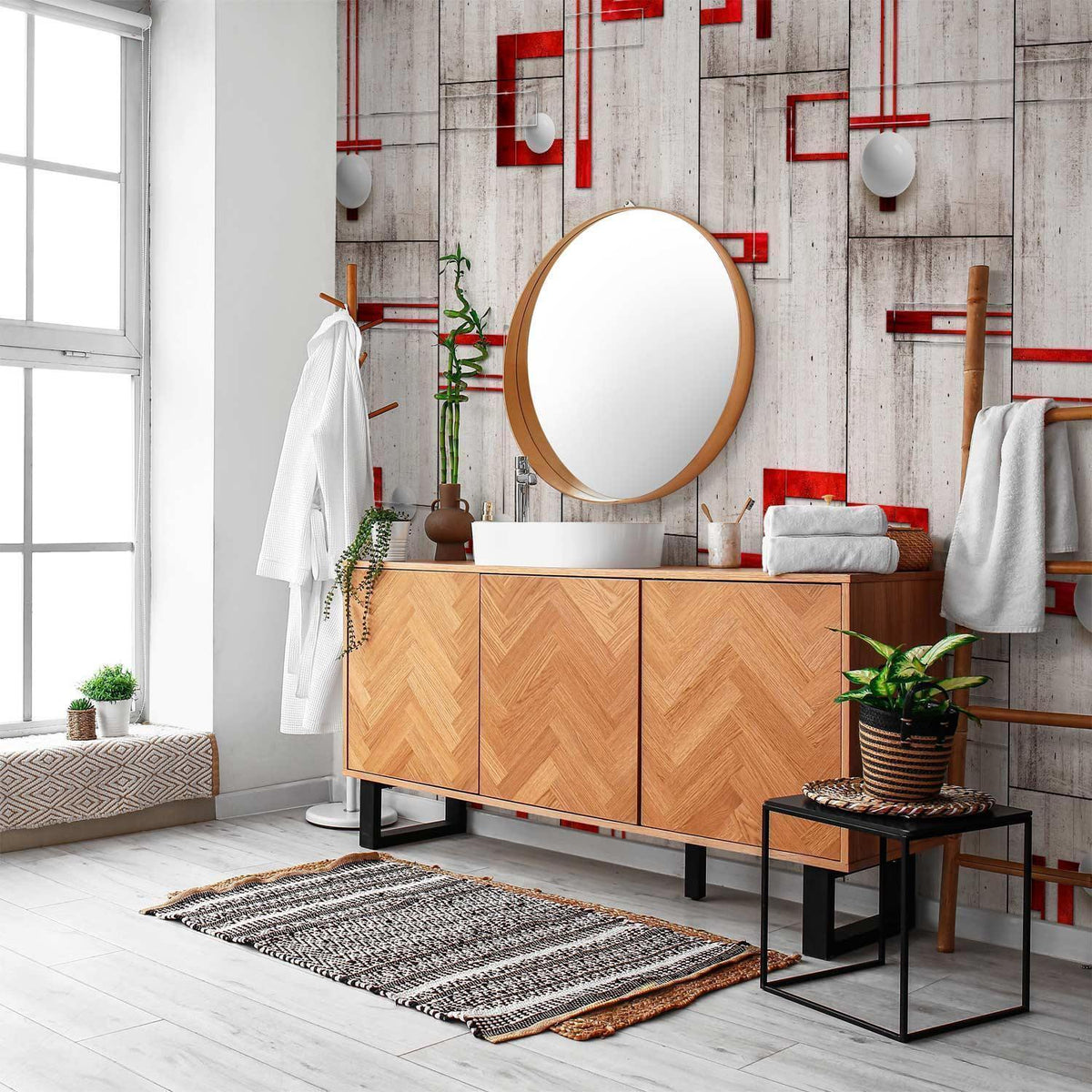 Tapete - Concrete, red frames and white knobs