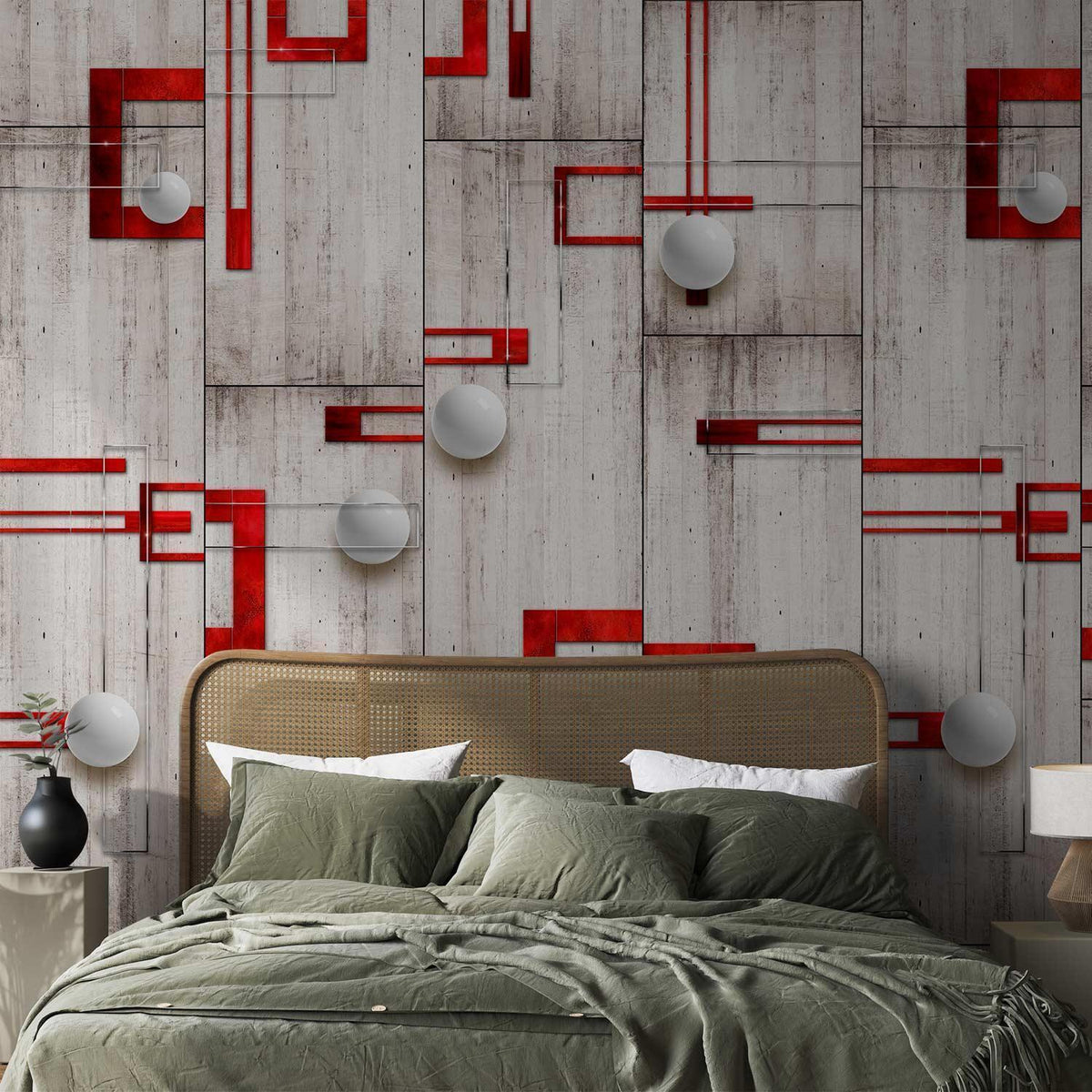 Tapete - Concrete, red frames and white knobs