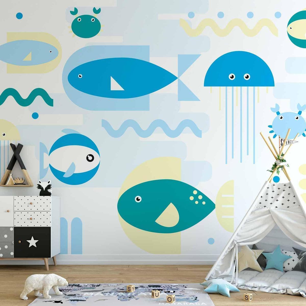 Fototapete Tiere im Meer – Geometrische blaue Fische für Kinderzimmer