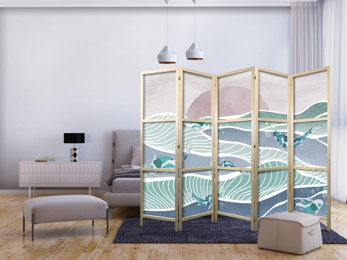 Japanischer Paravent - Koi Fish Among Waves - Japanese Fish Among Waves in Shades of Turquoise and White