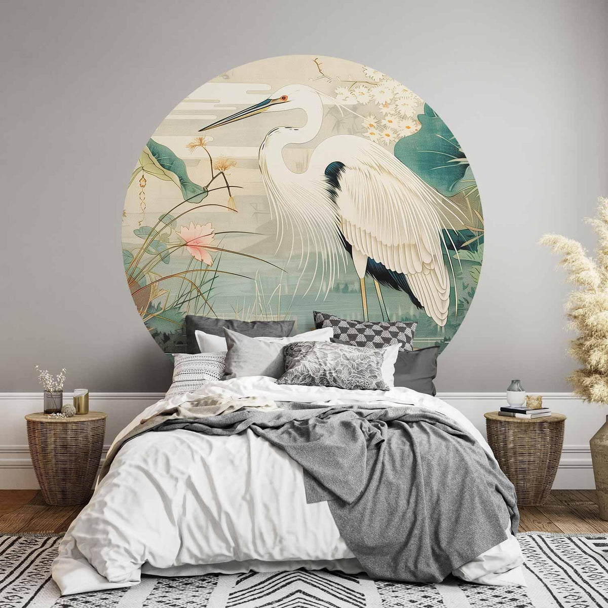 Runde Fototapete - By an Asian pond - an illustration in the style of a Japanese engraving, depicting a heron