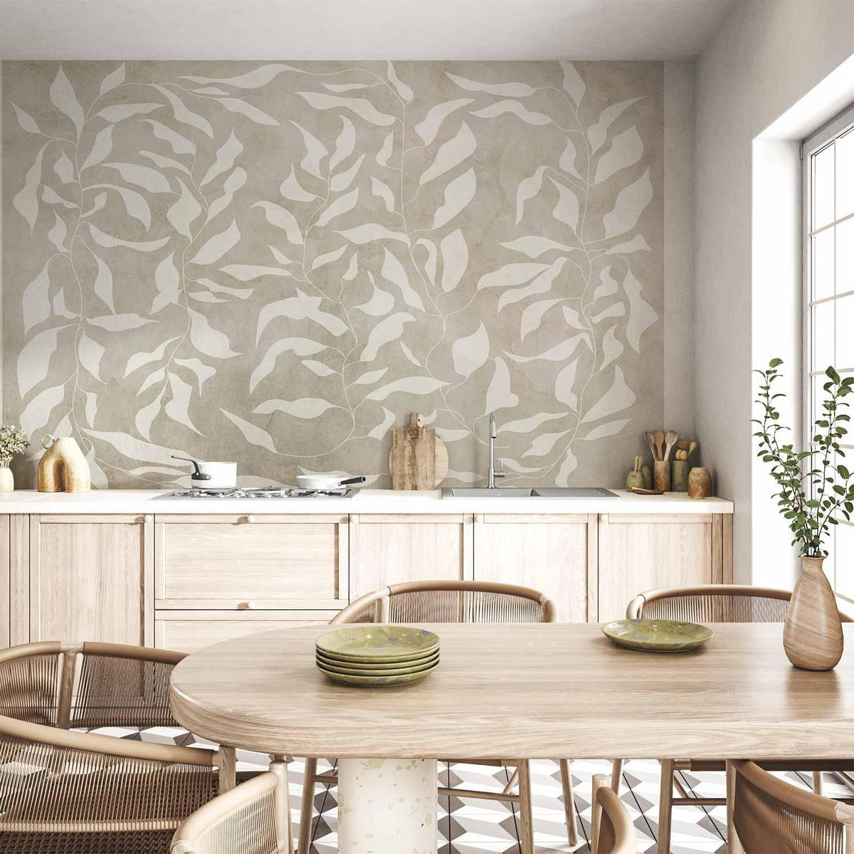 Fototapete - White leaves - abstract plant motif on beige background with frame