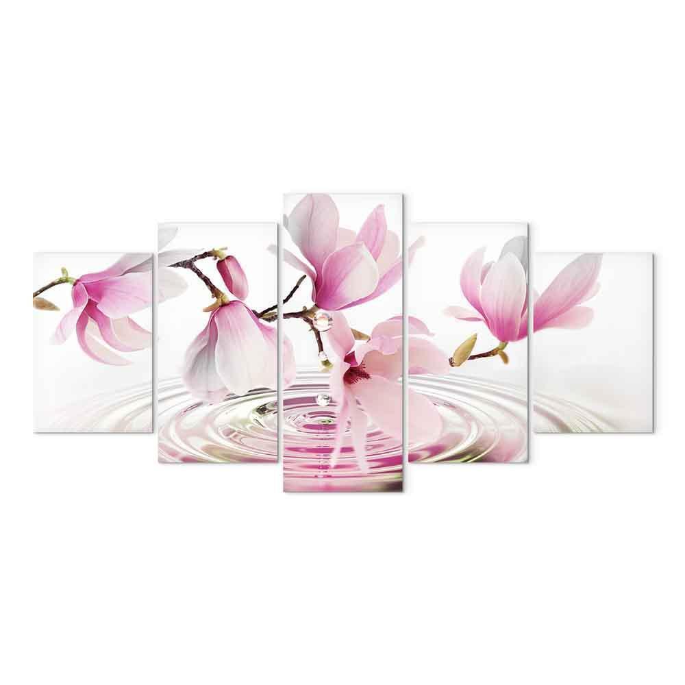Leinwandbild Magnolien über Wasser – 5-teilig Panorama Rosa