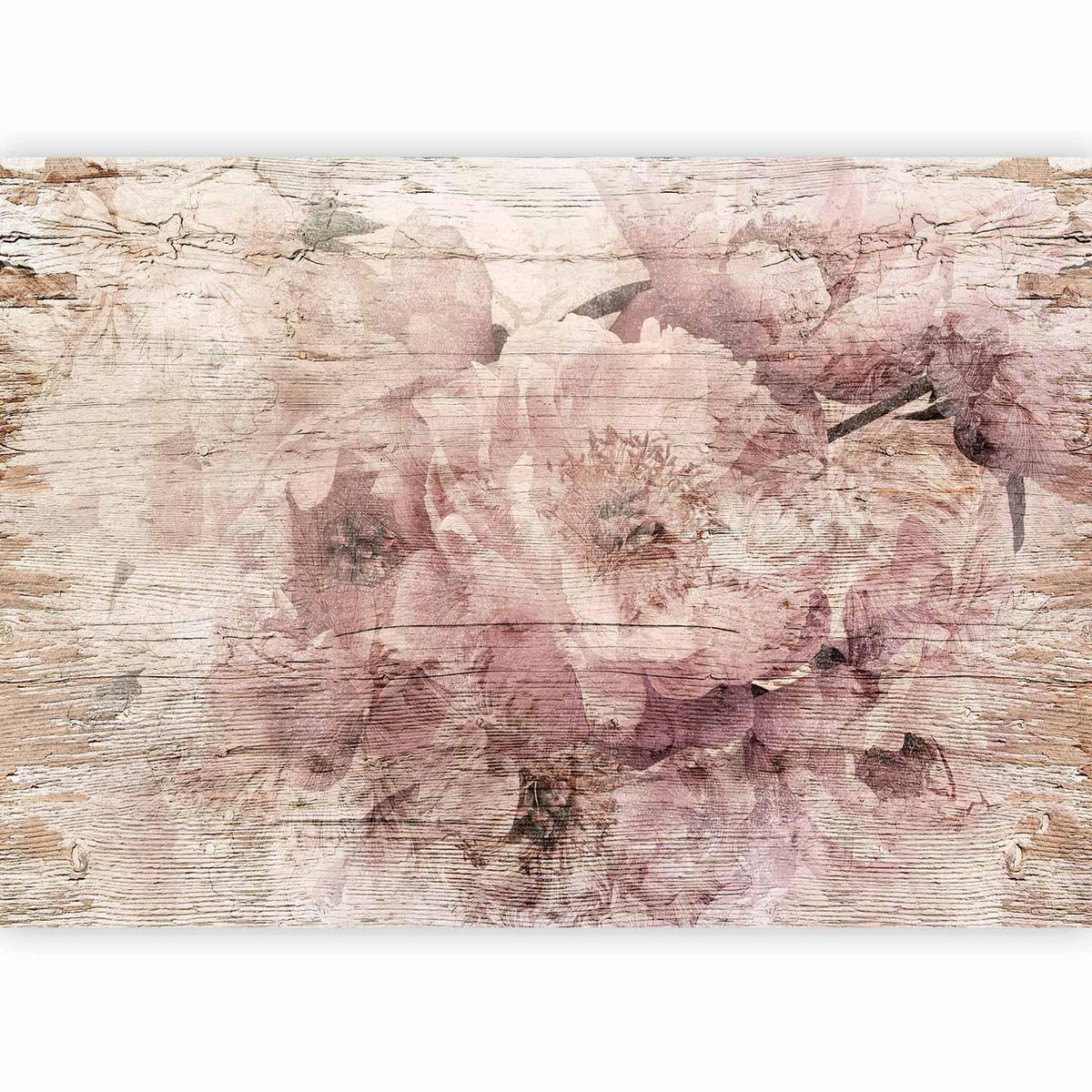 Fototapete Blumen auf Brettern - Romantische Holzoptik im Landhaus-Stil