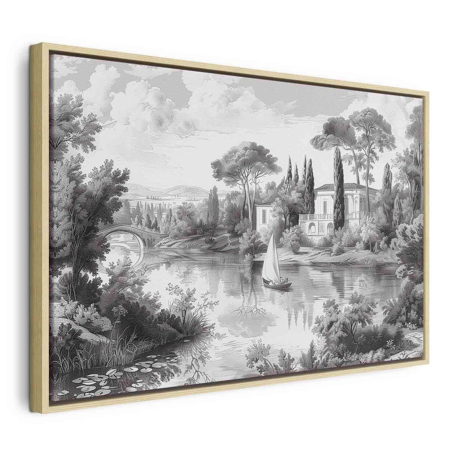 Leinwandbild - Black and White Vintage Landscape Retro View of a Pond with a Boat Artgeist