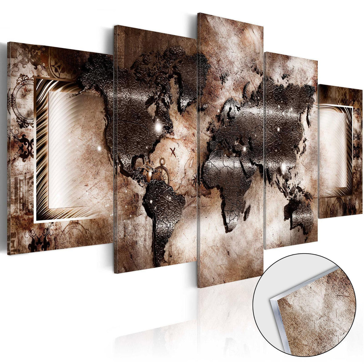 Wandbild Platin-Weltkarte – 5-teiliges Acrylglasbild mit Weltkarte im Vintage-Look