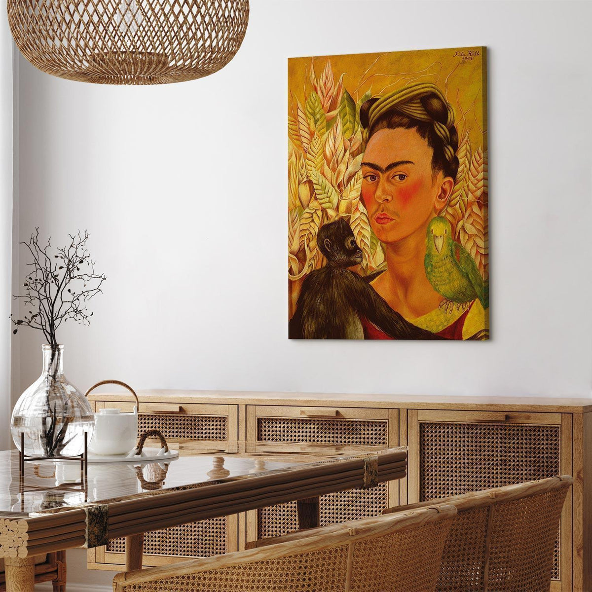 Leinwandbild - Frida Kahlo – Self-Portrait with Monkey and Parrot