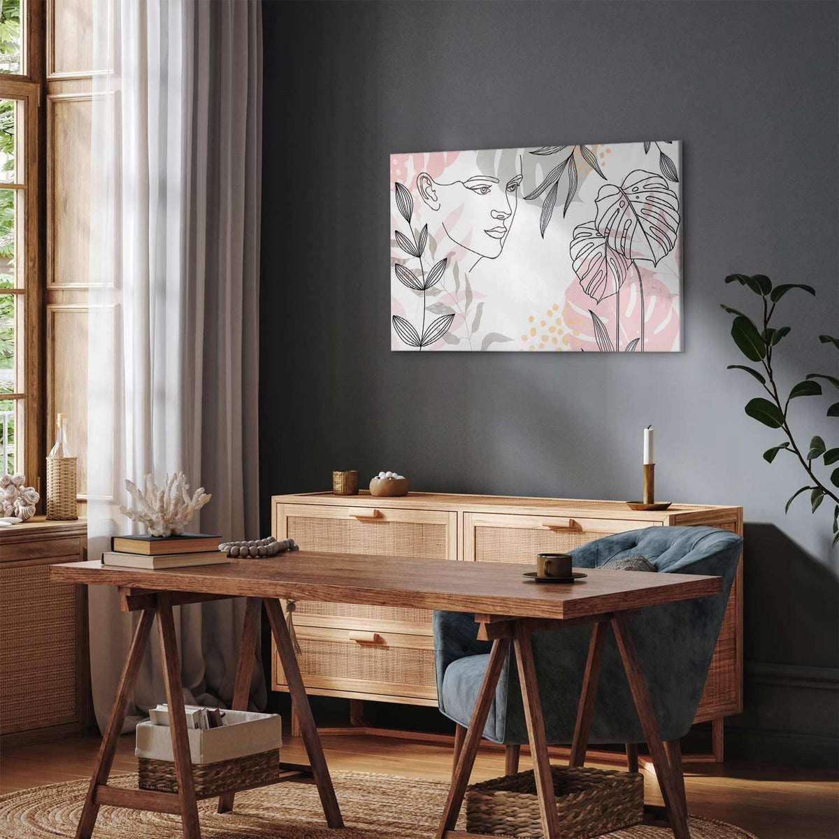 Leinwandbild Frau mit Monstera Blättern – Moderne Line Art