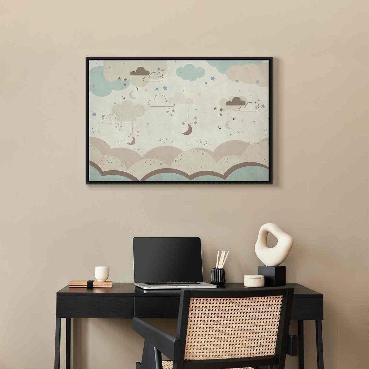 Leinwandbild - Cloudy Night Sky - Moons in Brown and Beige Hues Among Clouds and Numerous Little Stars on a Light Background
