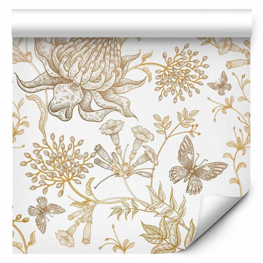 Tapete - Beige flowers and butterflies on white background