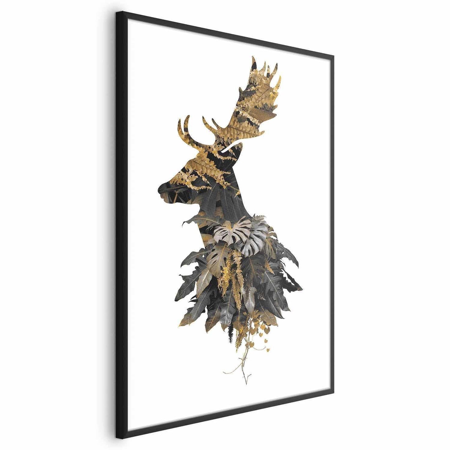 Poster featuring a silhouette of a deer made from leaves, in a sleek frame.