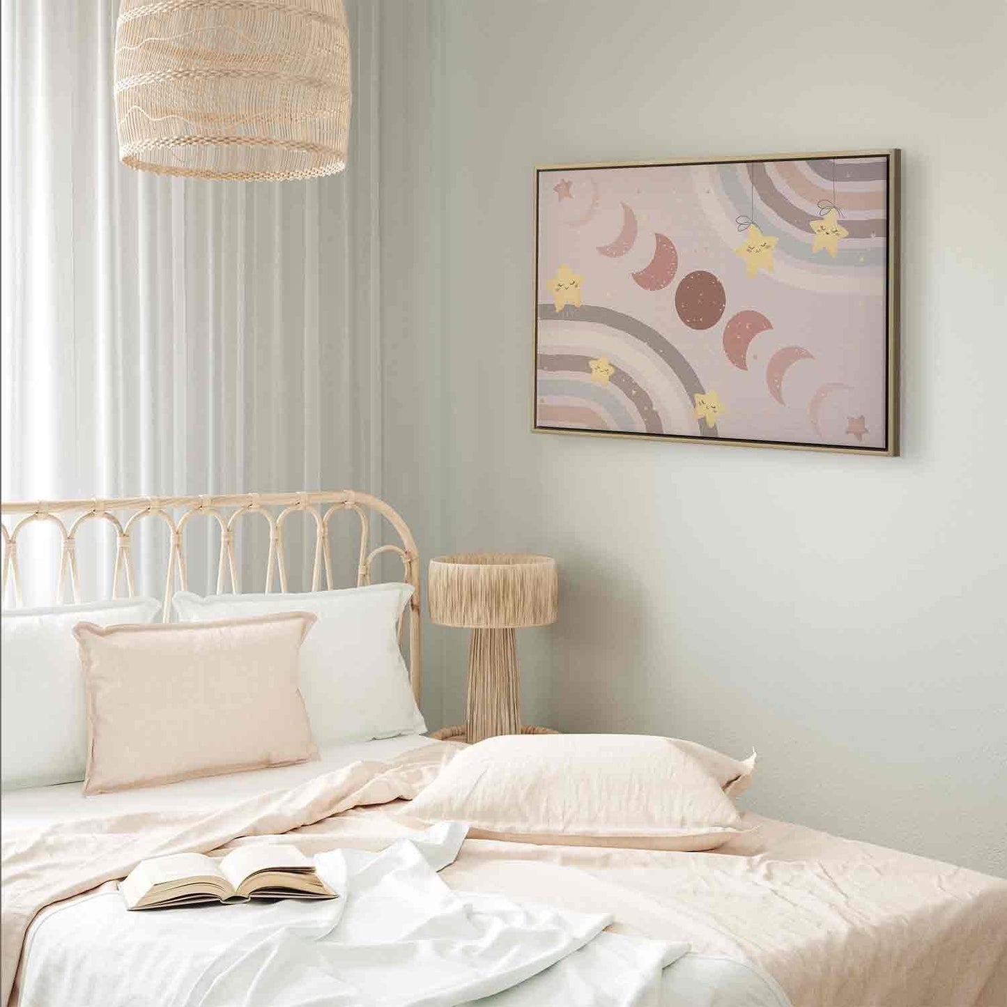 Leinwandbild - Joyful Sky - Yellow Cheerful Stars with a Rainbow Against the Phases of the Moon in a Light Beige Sky Hue Artgeist