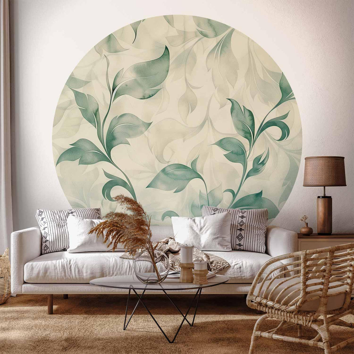 Grüne und Beige Blätter Aquarell – Runde Fototapete Watercolour Green Beige Leaves