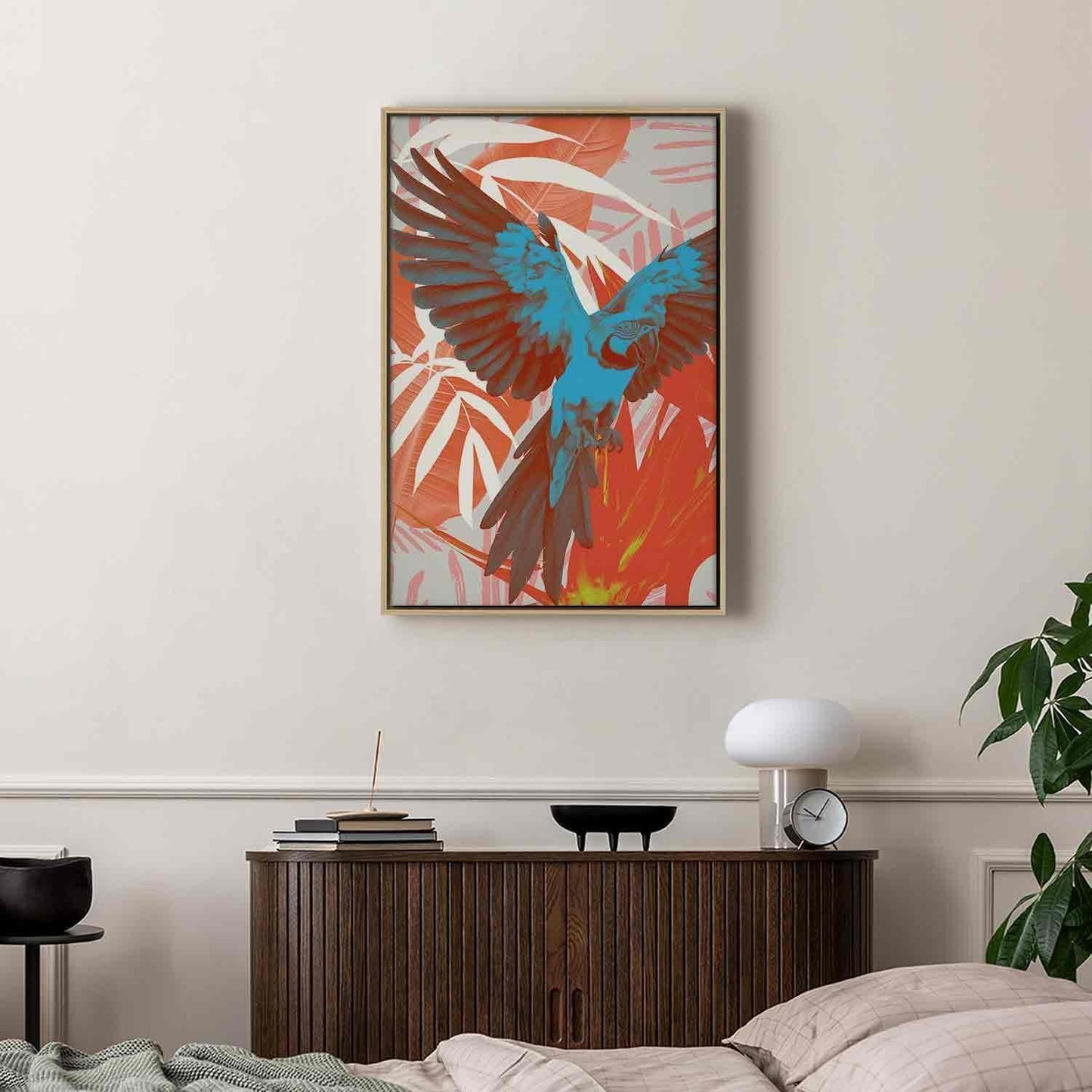 Leinwandbild - Exotic Wings - Parrot Among Abstract Leaf Patterns Artgeist