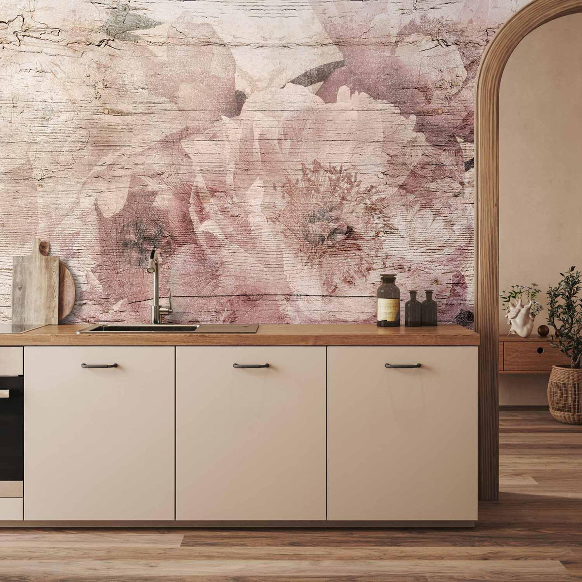 Fototapete Blumen auf Brettern - Romantische Holzoptik im Landhaus-Stil