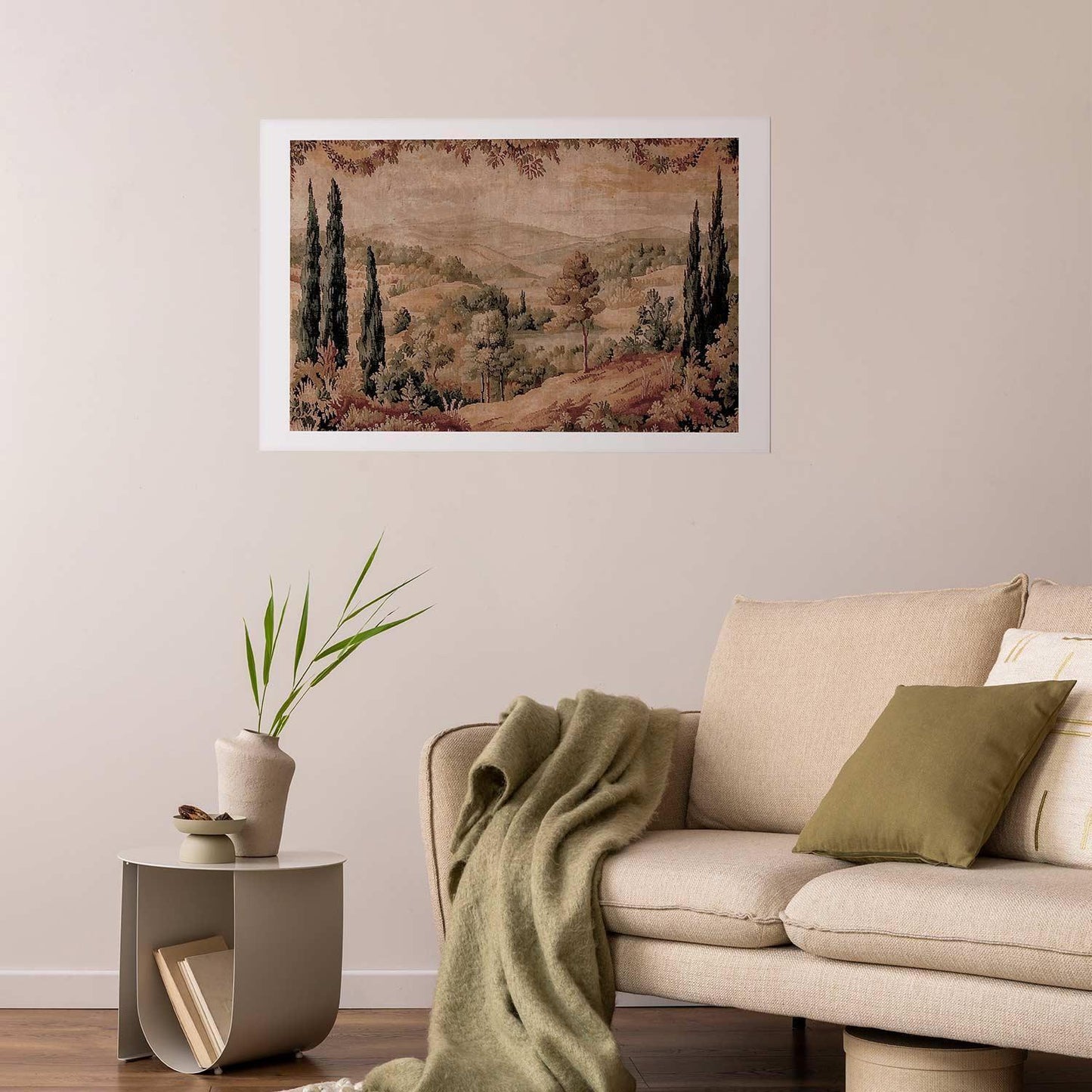 Poster - Mediterranean Landscape - Old Tapestry with a Hill and Lake Artgeist