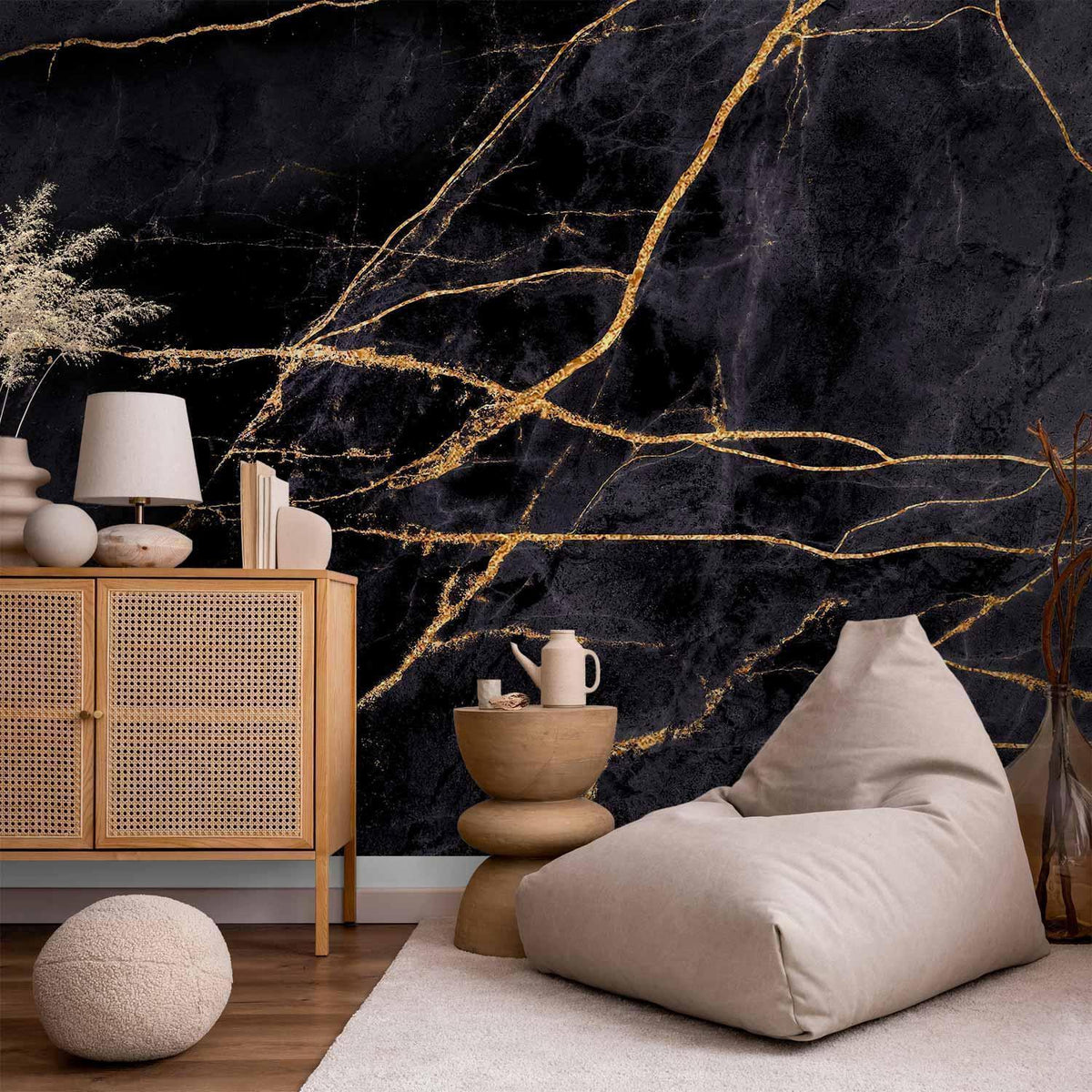 Fototapete Goldene Linien – Abstraktes Design auf schwarzem Hintergrund