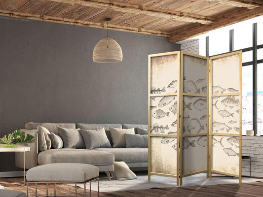 Japanischer Paravent - Sketch of a School of Fish - Sketches of Various Species of Fish Swimming in a School on a Beige Background in Vintage Style