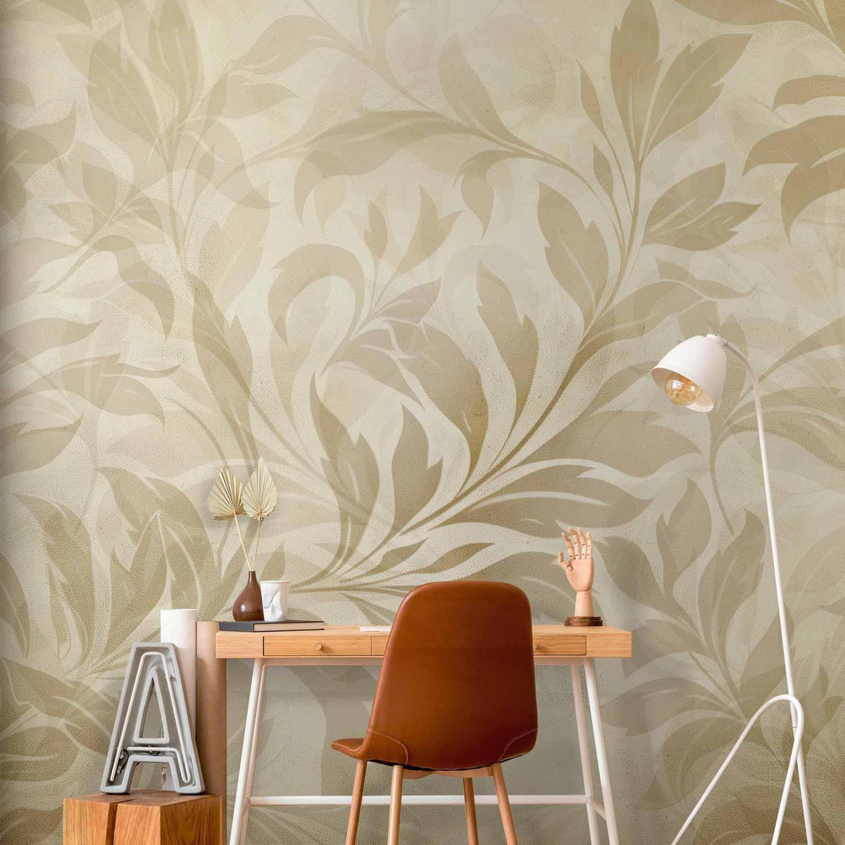 Fototapete - Botanical Motif with Leaves and Vines in Sand Colors