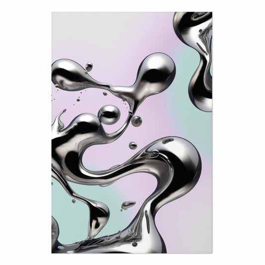Poster - Metallic Fluidity - abstract silver forms on a mint-purple background