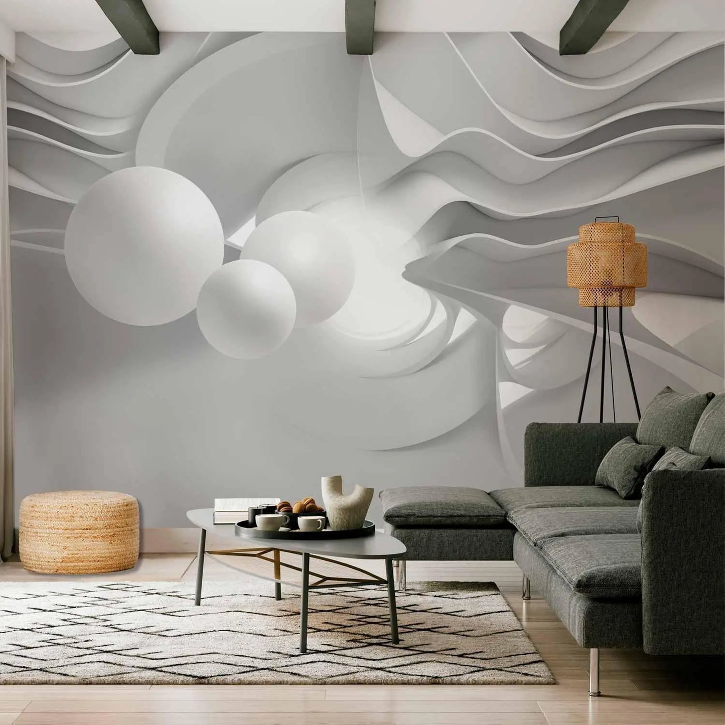 Fototapete mit 3D-Effekt kombiniert mit minimalistischer Einrichtung – stilvoll und modern